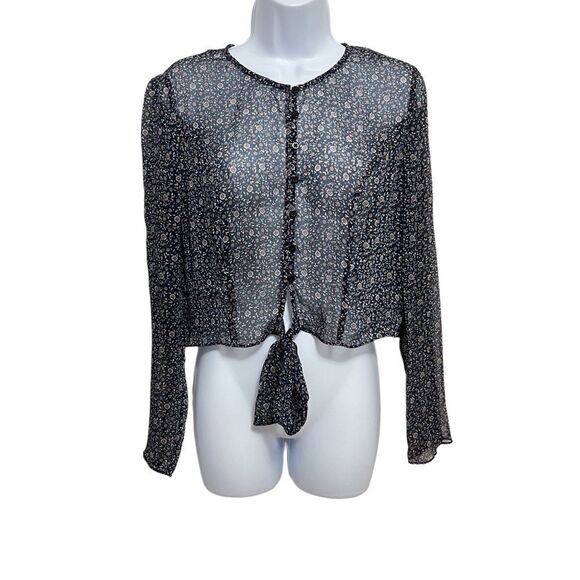 The East Order Navy Floral Sheer Tie Front Blouse Size Medium - Picture 1 of 8